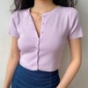 Retro solid color round neck single-breasted navel short-sleeved T-shirt tops wo - Shirts - $25.99 