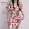 Retro square collar bubble sleeve back lace dress skirt waist dress - Dresses - $28.99 