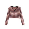 Romwe Women's Long Sleeve Bohemian Colorblock Striped Print Crop Tee Shirt Top - 半袖シャツ・ブラウス - $12.99  ~ ¥1,462