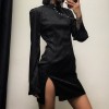 Round Neck Flare Sleeve One Button Slit Fitted Dress - Obleke - $25.99  ~ 22.32€