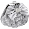 Satin Bow Pleated Rhinestones Brooch & Clasp Frame Baguette Clutch Evening Bag Handbag Purse w/2 Hidden Chains Silver - Clutch bags - $42.50 