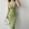 Sexy U-neck low chest pleated waist pocket hip elastic solid dress dress - ワンピース・ドレス - $21.99  ~ ¥2,475