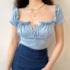 Sexy and cute pleated chest strap lace puff sleeve short-sleeved top - Shirts - $29.99 