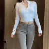 Sexy short stand-up collar high-elastic zipper knit pullover top with open navel - Camisas - $27.99  ~ 24.04€