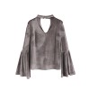 SheIn Women's Casual Choker V Neck Long Bell Sleeve Velvet Top Blouse - 裙子 - $20.99  ~ ¥140.64