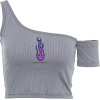 Slanted shoulder sleeved flame embroider - T-shirts - $15.99 