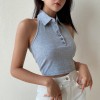 Solid color polo collar halter vest short thread backless top - Shirts - $27.99 
