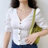 South French style linen pastoral one-breasted V-neck puff sleeve five-point sle - Рубашки - короткие - $35.99  ~ 30.91€