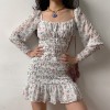 Square Collar Puff Sleeve Long Sleeve Floral Fold Slim Dress Female Ruffle Short - Платья - $32.99  ~ 28.33€