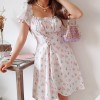 Square Collar Waist Lace Print Dress - Dresses - $28.99 