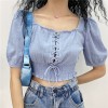 Square collar exposed clavicle bubble sleeve steam eye cross lace short sleeve w - Camisas - $25.99  ~ 22.32€