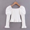 Square collar folds puff sleeves lace lo - T-shirts - $27.99 