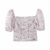 Square neck elasticated pleated printed puff sleeve chiffon short sleeve shirt - Košulje - kratke - $26.99  ~ 23.18€