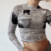 Street high waist stretch short top newspaper printing exposed navel long sleeve - 半袖衫/女式衬衫 - $25.99  ~ ¥174.14