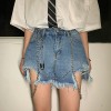 Tattered denim shorts female high waist frayed a wide leg - Saias - $27.99  ~ 24.04€