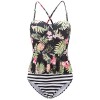 Tempt Me Women Two Piece Vintage Palm Pineapple Peplum Floral Printed Skirted Padded Tankini with High Waisted Stripe Bottoms - Swimsuit - $16.99 