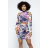 Tie Dye Open Shoulder Long Sleeve Top And Matching Skirt W Ruching Details - Obleke - $47.30  ~ 40.63€