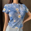 Tie dye round neck daisy print T-shirt high waist casual women's short top - Shirts - $21.99 
