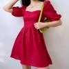 Tomato red was white was thin cut puff sleeve square collar A-line dress princes - Dresses - $32.99 