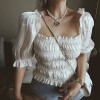 Vintage Champagne Gold Pearlescent Square Collar Puff Sleeve Short Sleeve Shirt - Magliette - $26.99  ~ 23.18€