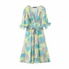 Vintage Pastoral V-neck Bubble Sleeve Belted Buttoned Dress - sukienki - $29.99  ~ 25.76€