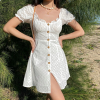 Vintage Puff Sleeve Skirt Snap Button White Lace Short Sleeve Dress - Dresses - $32.99 