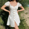 Vintage Puff Sleeve Skirt Snap Button White Lace Short Sleeve Dress - Vestiti - $32.99  ~ 28.33€