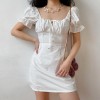 Vintage Square Collar Puff Sleeve White Dress Vacation Skirt - Dresses - $27.99 