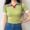 Vintage colorblock polo lapel buttoned knitted short sleeves - 半袖衫/女式衬衫 - $27.99  ~ ¥187.54