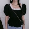 Vintage pearl lace side square collar bubble sleeve waist Hepburn short sleeve t - T-shirts - $29.99 
