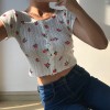 Vintage single-breasted hollow high waist short floral short sleeve T-shirt - Shirts - $27.99 