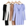 V-neck puff sleeve lace-up slim slimming short long-sleeved dress - Dresses - $29.99 
