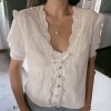 V-neck short sleeve single-breasted lace cutout bow tie slim blouse - Shirts - $25.99 