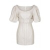 White Linen Mini Puff Sleeve Dress2 - Vestidos - 