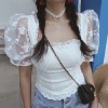 White square neck mesh lace lace puff sleeve short sleeve shirt - Рубашки - короткие - $28.99  ~ 24.90€