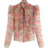 Women Floral Print Tie Neck Organza Blou - Long sleeves shirts - 