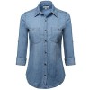 Women's Basic Classic Button Closure Roll Up Sleeves Chest Pocket Denim Chambray - Shirts - $19.00 