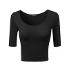 Women's Basic Solid Button Placket Ribbed Half Sleeve Deep Crew Neck Crop Top - 半袖シャツ・ブラウス - $6.98  ~ ¥786