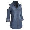 Women's Button Down Cold Shoulder Roll Tab Long Sleeve Cotton Denim Shirt - Shirts - $9.99 