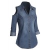 Women's Button Down Cold Shoulder Roll Tab Long Sleeve Cotton Denim Shirt - Shirts - $9.99  ~ £7.59