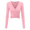 Womens Deep V Neck Long Sleeve Cross Wrap Fitted Crop Top - Shirts - $21.34 