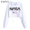 ZAFUL Cropped Hoodie American Flag NASA Logo Print Sweatshirt Drawstring Women Crop Pullover - Outerwear - $21.99 