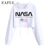 ZAFUL Cropped Hoodie American Flag NASA Logo Print Sweatshirt Drawstring Women Crop Pullover - Outerwear - $21.99  ~ £16.71