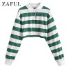 ZAFUL Sweatshirt Womens Striped Collar Half Button Crop Top Long Sleeve Pullover - Outerwear - $20.99  ~ 18.03€