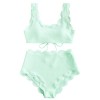 ZAFUL Women's Scalloped Textured Swimwear High Waisted Wide Strap Adjustable Back Lace-up Bikini Set Swimsuit - 泳衣/比基尼 - $9.99  ~ ¥66.94