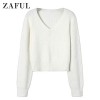 ZAFUL Women's V Neck Fluffy Knit Sweater Fuzzy Short Jumper Pullover - Shirts - $26.99 