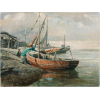 c1900s Belgian Canvas Painting Boats - Rascunhos - 