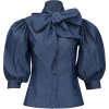 denim puff sleeves nck tie blouse - Shirts - 