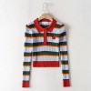 polo collar rainbow striped sweater autumn cute embroidery long sleeve sweater - Shirts - $28.99 