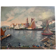 1950s Seaport Oil Painting - Predmeti - 